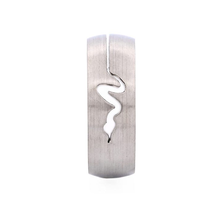 Brushed Stainless Steel Ring with Cutout Serpent Pattern
