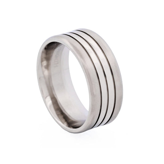 Brushed Stainless Steel Ring with Double Polished Centre Bands