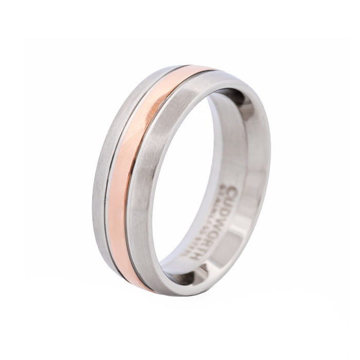 Brushed Stainless Steel Ring with Ion Plated Rose Gold Centre Band