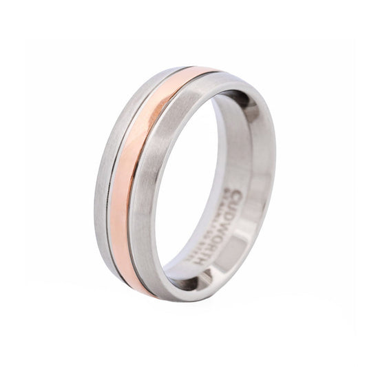Brushed Stainless Steel Ring with Ion Plated Rose Gold Centre Band