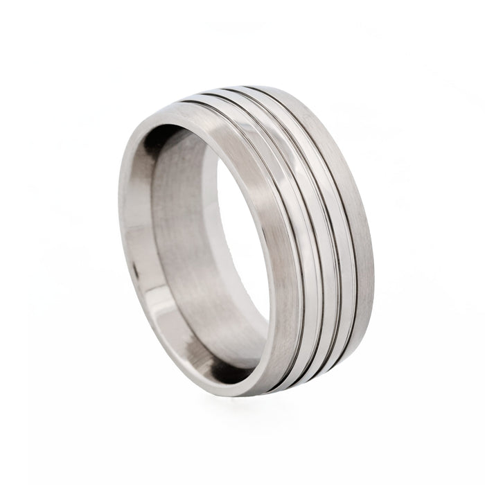 Brushed Stainless Steel Ring with Polished Triple Centre Band