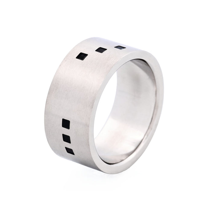 Brushed Stainless Steel Ring with Small Black Enamel Squares