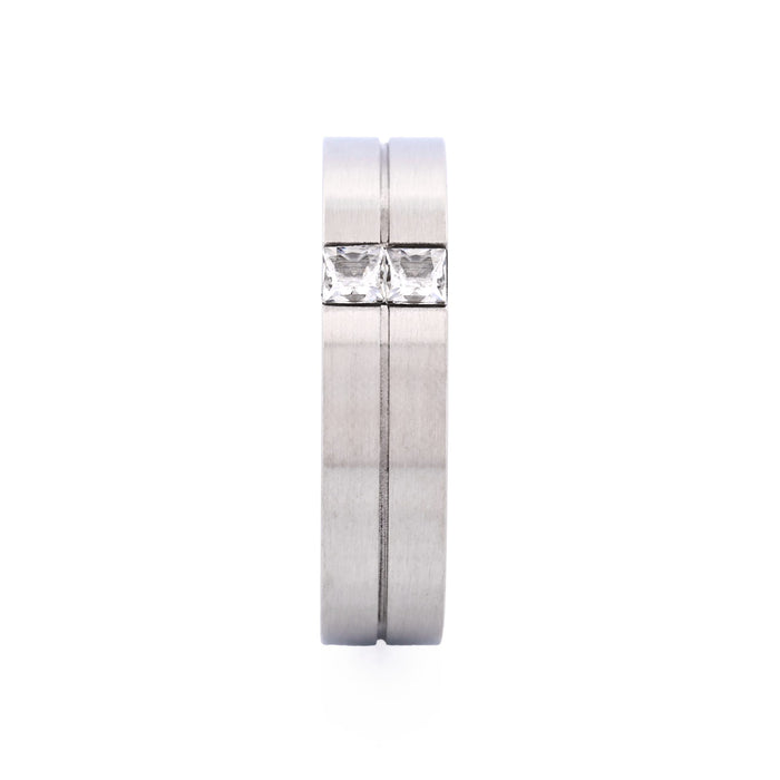 Brushed Stainless Steel Ring with Two Cubic Zirconia