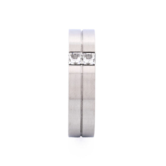 Brushed Stainless Steel Ring with Two Cubic Zirconia