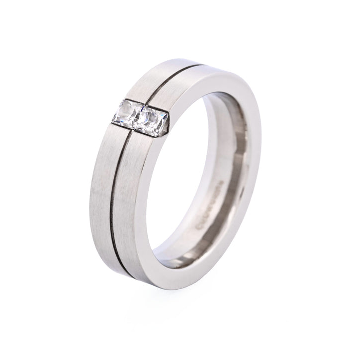 Brushed Stainless Steel Ring with Two Cubic Zirconia