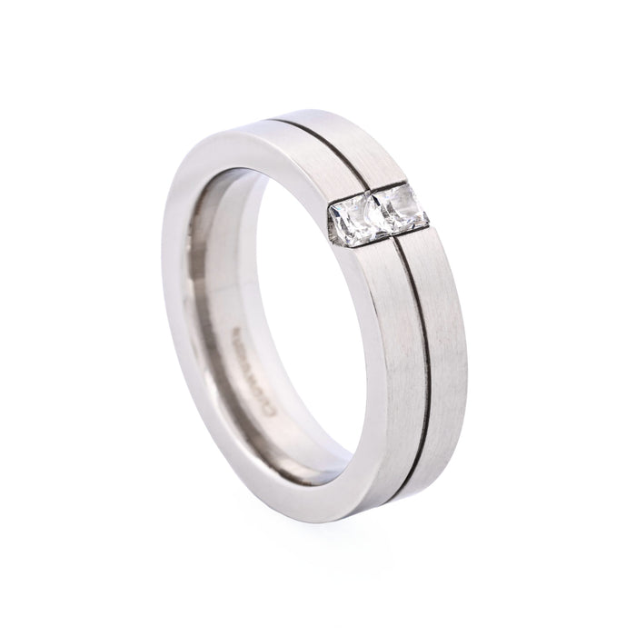 Brushed Stainless Steel Ring with Two Cubic Zirconia