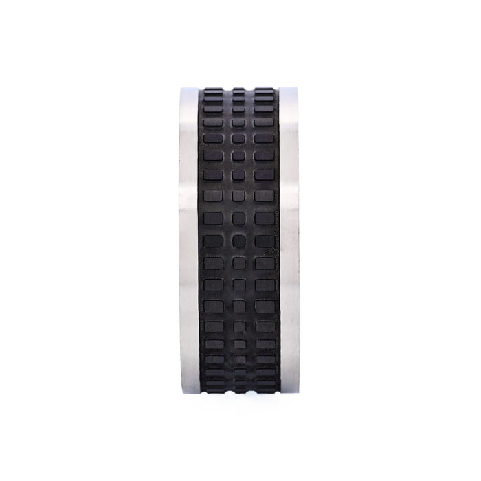 Brushed Steel and Ion Plated Black Tyre Pattern Ring