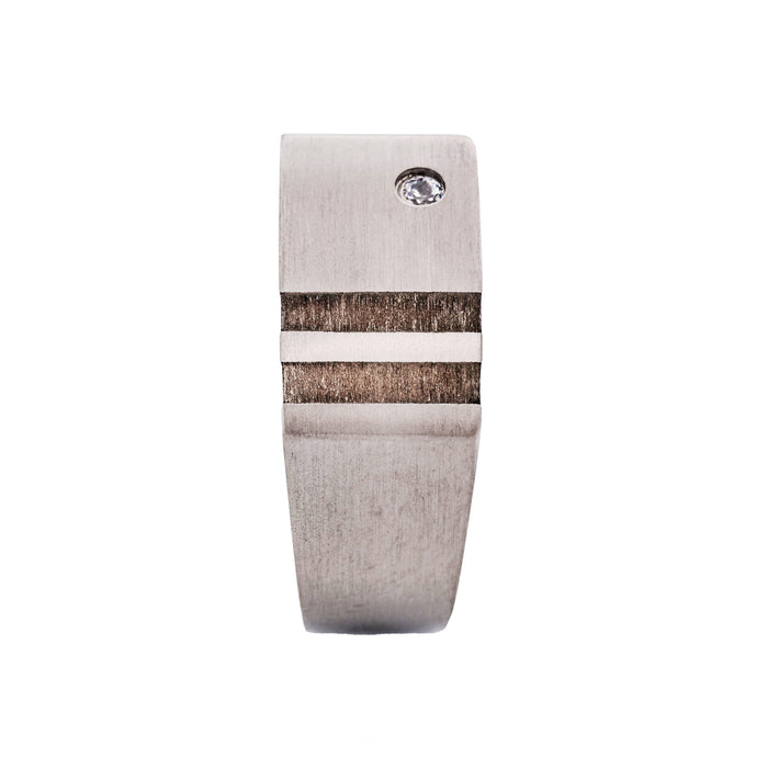 Brushed Titanium Signet Ring with Two Ion Plated Gold Inlays with a Single Cubic Zirconia