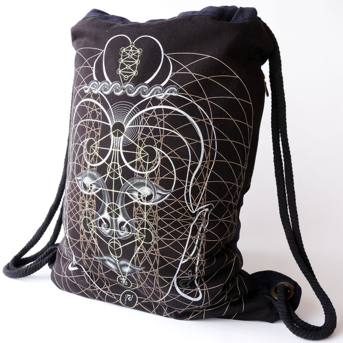 Buddha Vibes Hung Drawstring Bag - Sacred geometry circles with Sanskrit letters by Symbolika