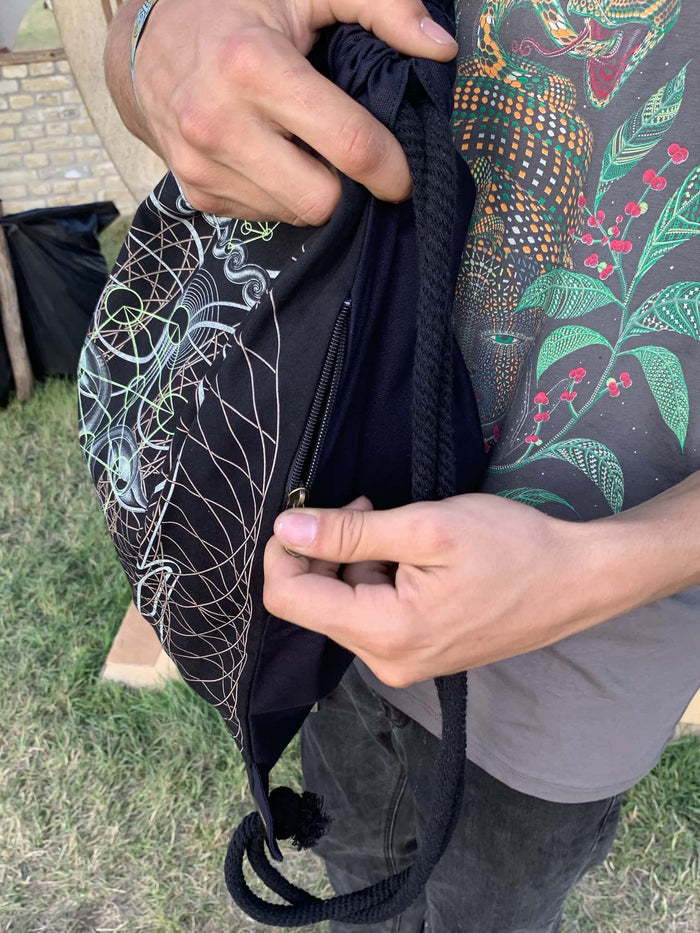 Buddha Vibes Hung Drawstring Bag - Sacred Geometry Design Detail by Symbolika