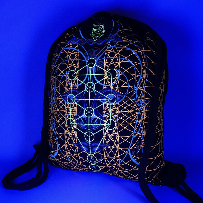 Buddha Vibes Hung Drawstring Bag Drawstring Bag - UV Blacklight Effect by Symbolika