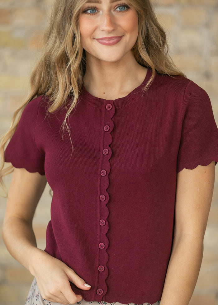 Burgundy Scalloped Short Sleeve Button Knit Cardigan FF Layering Essentials