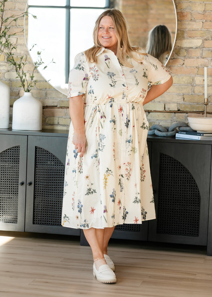 Button Down Floral Tie Waist Midi Dress FF Dresses