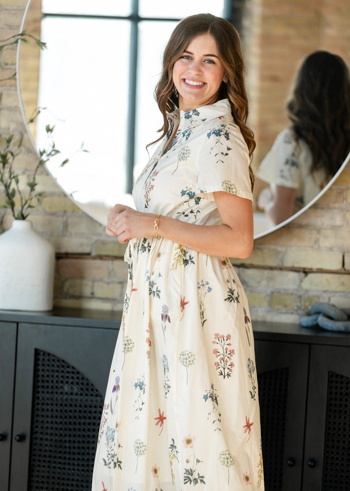 Button Down Floral Tie Waist Midi Dress FF Dresses