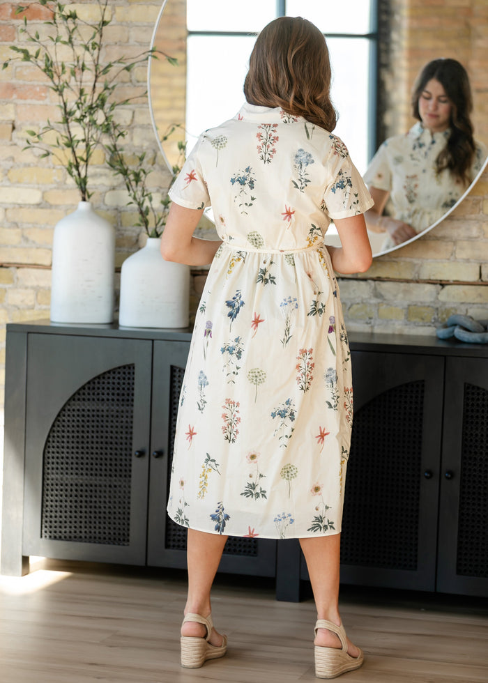 Button Down Floral Tie Waist Midi Dress FF Dresses