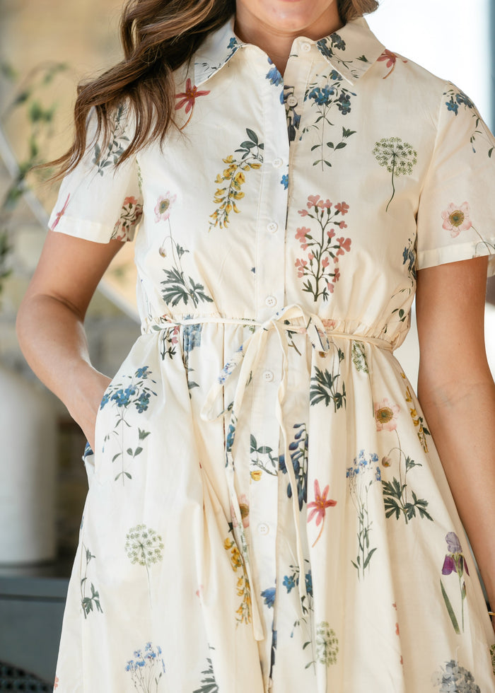 Button Down Floral Tie Waist Midi Dress FF Dresses