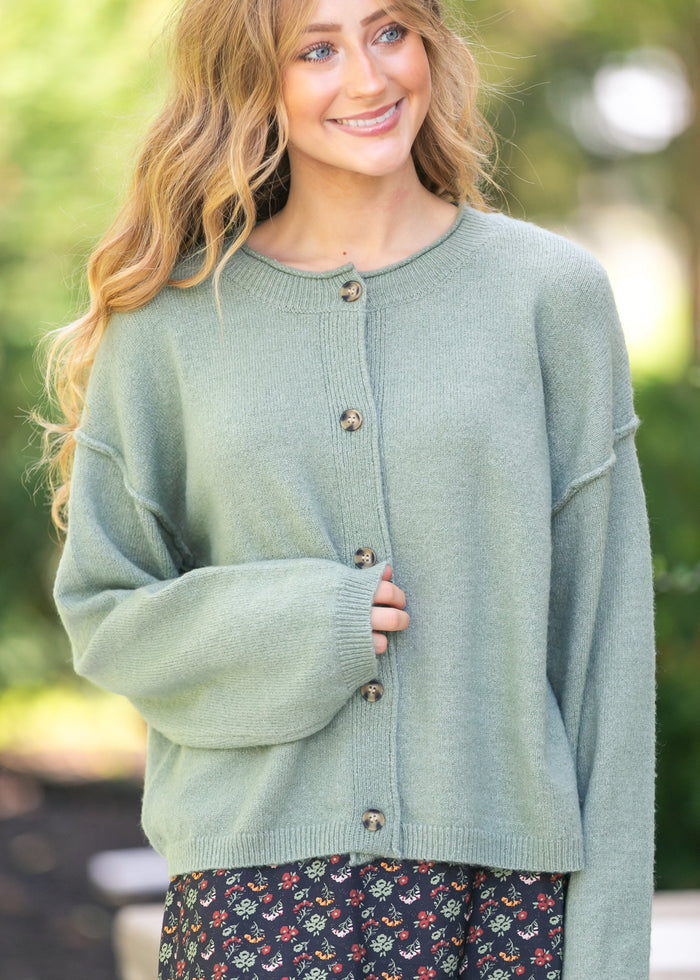 Button Down Raw Seam Cardigan FF Layering Essentials Sage / S
