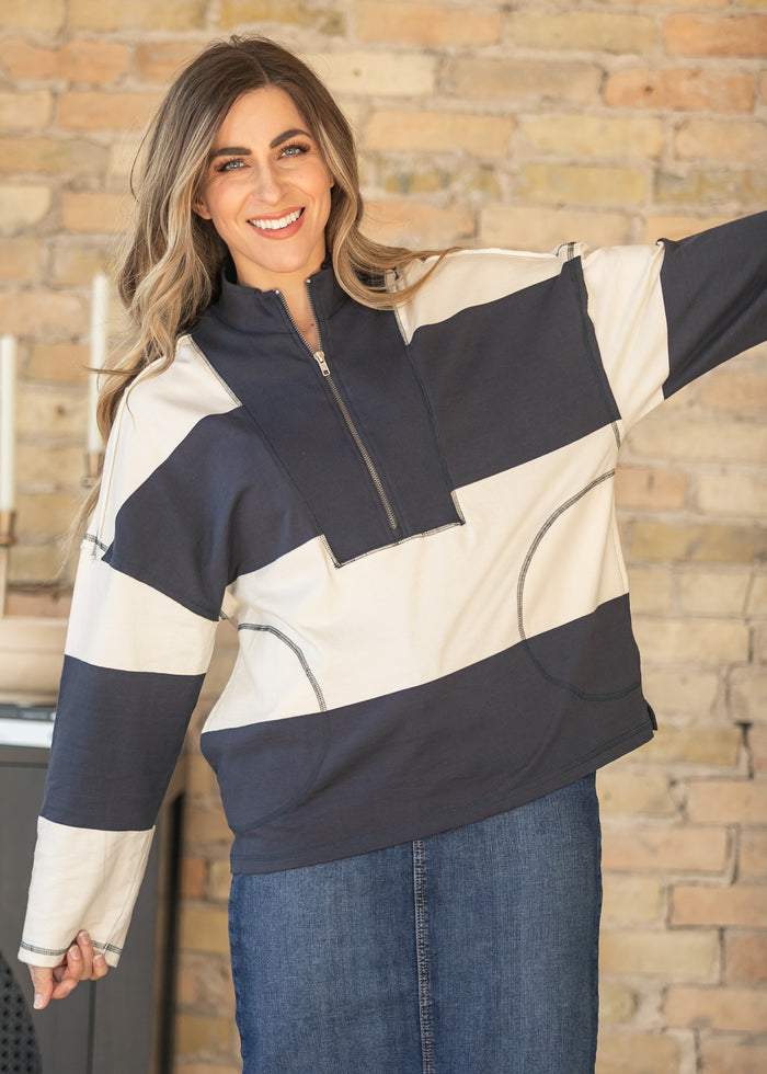 Camille Stripe Half Zip Top FF Tops