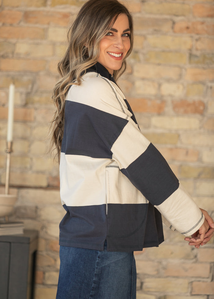 Camille Stripe Half Zip Top FF Tops