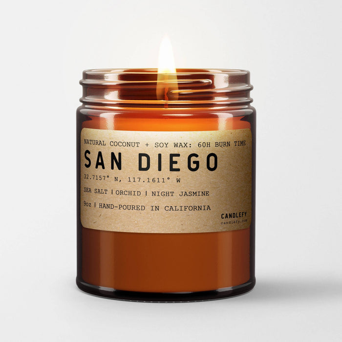 Candlefy - San Diego California Scented Candle, Amber Glass Natural Wax