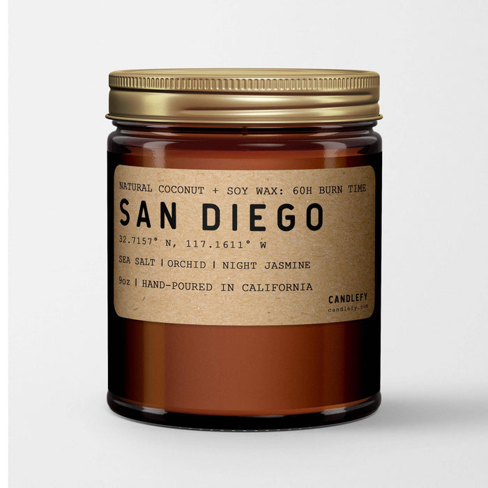 Candlefy - San Diego California Scented Candle, Amber Glass Natural Wax