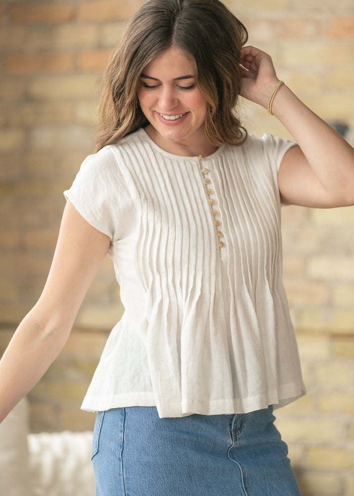Cap Sleeve Pleated Linen Top FF Tops