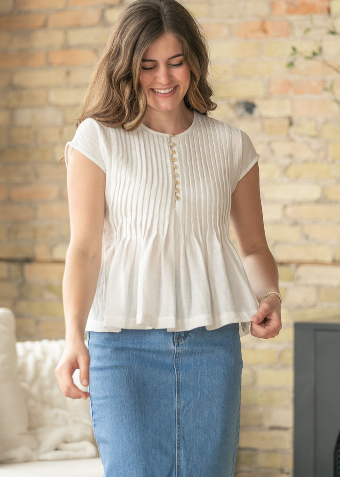 Cap Sleeve Pleated Linen Top FF Tops