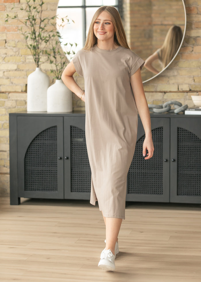 Taupe Cap Sleeve T-shirt Midi Dress FF Dresses