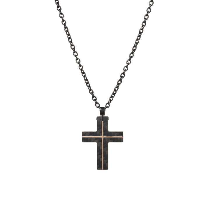 Carbon Fibre Cross with Ion Plated Rose Gold Lines & Ion Plated Black 55cm Chain