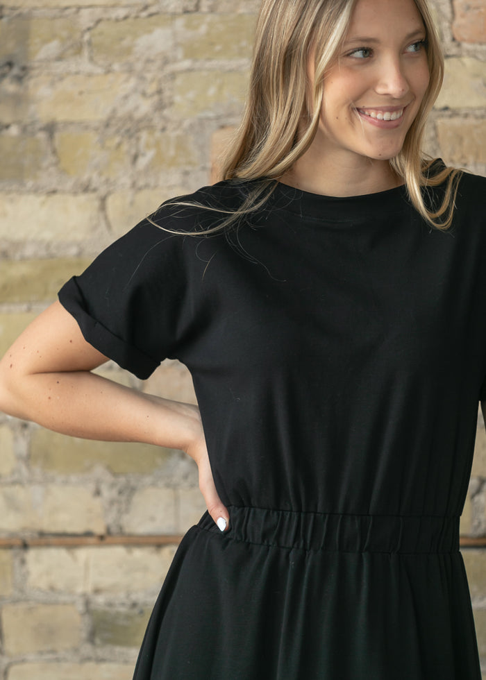 Casey Black Cap Sleeve Midi Dress IC Dresses
