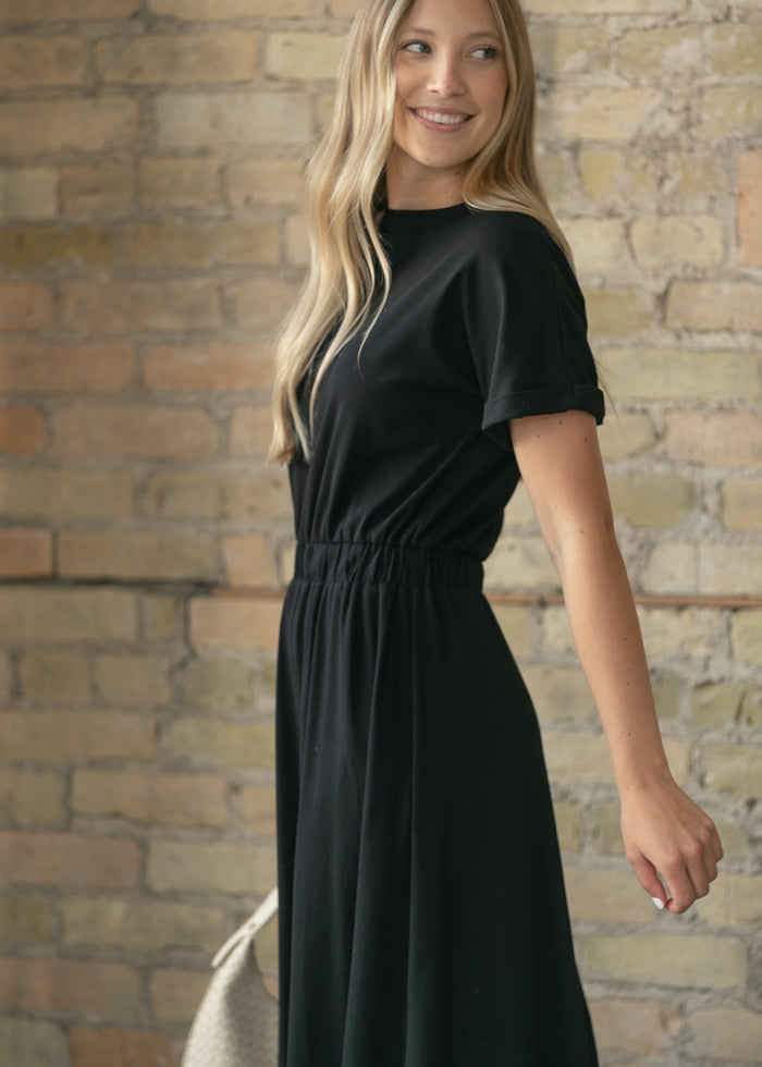 Casey Black Cap Sleeve Midi Dress IC Dresses