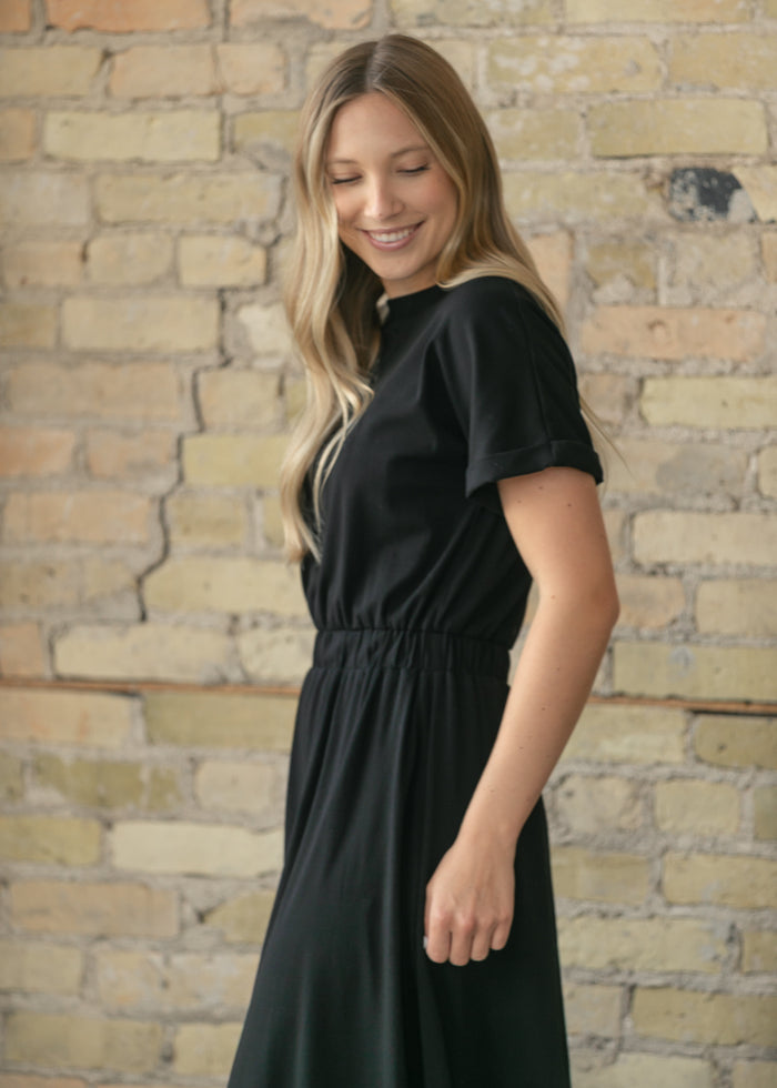 Casey Black Cap Sleeve Midi Dress IC Dresses