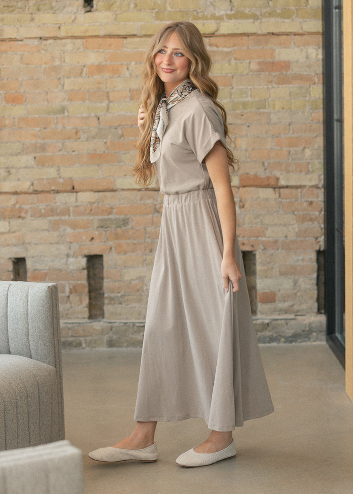 Casey Taupe Cap Sleeve A-line Midi Dress IC Dresses