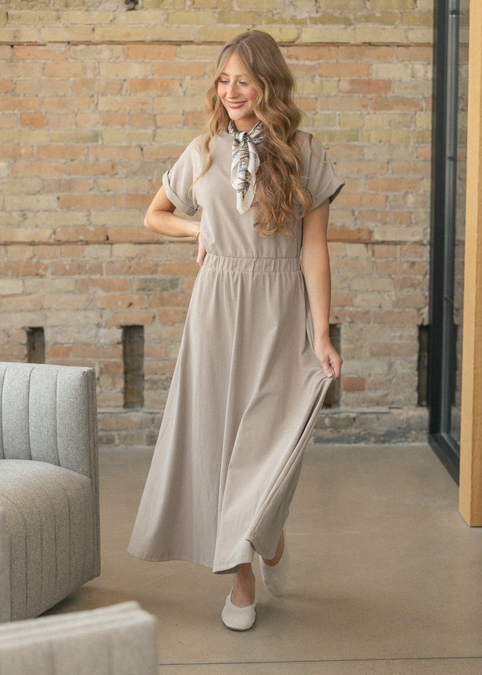 Casey Taupe Cap Sleeve A-line Midi Dress IC Dresses