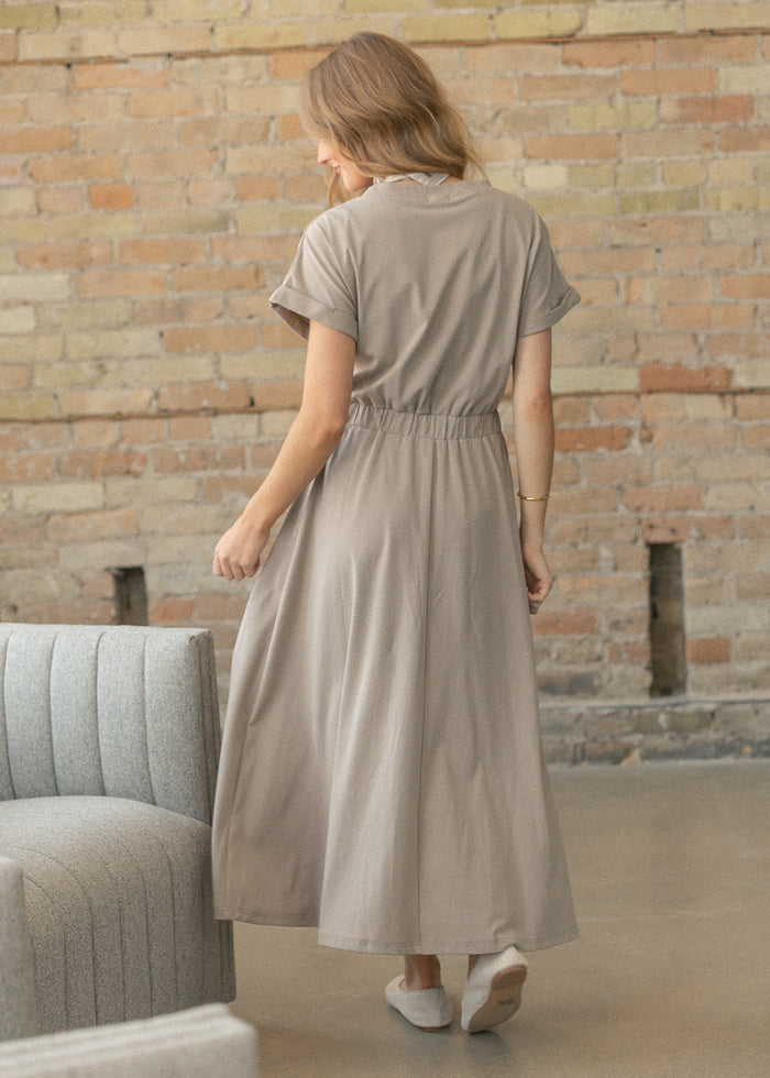 Casey Taupe Cap Sleeve A-line Midi Dress IC Dresses