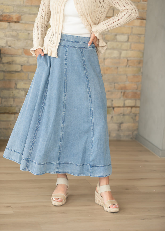 Chambray A-line Paneled Maxi Skirt FF Skirts