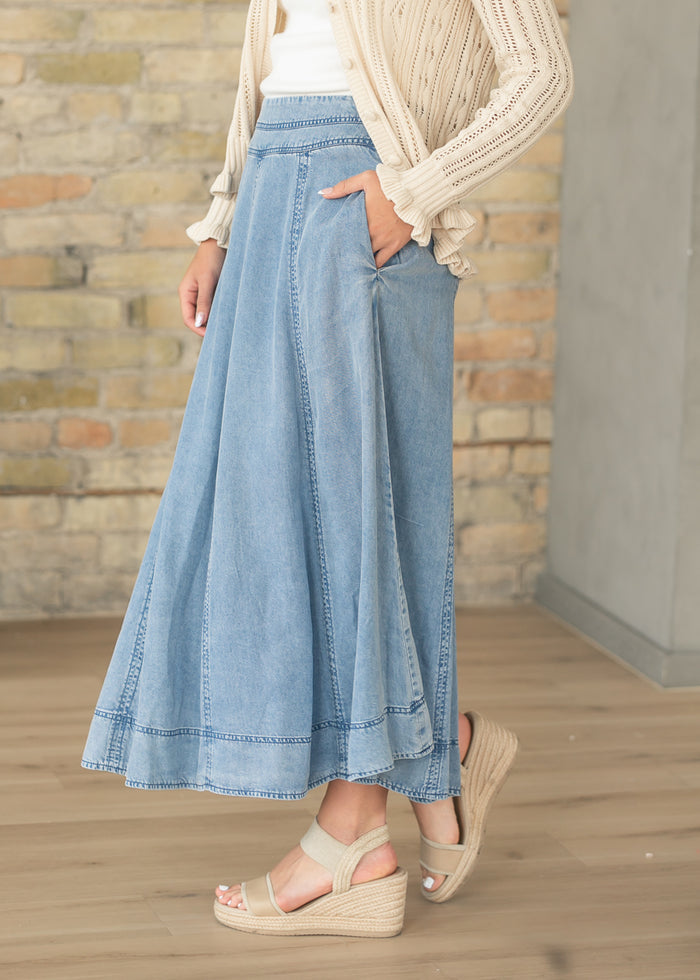 Chambray A-line Paneled Maxi Skirt FF Skirts