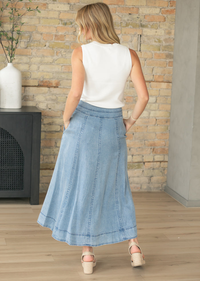 Chambray A-line Paneled Maxi Skirt FF Skirts