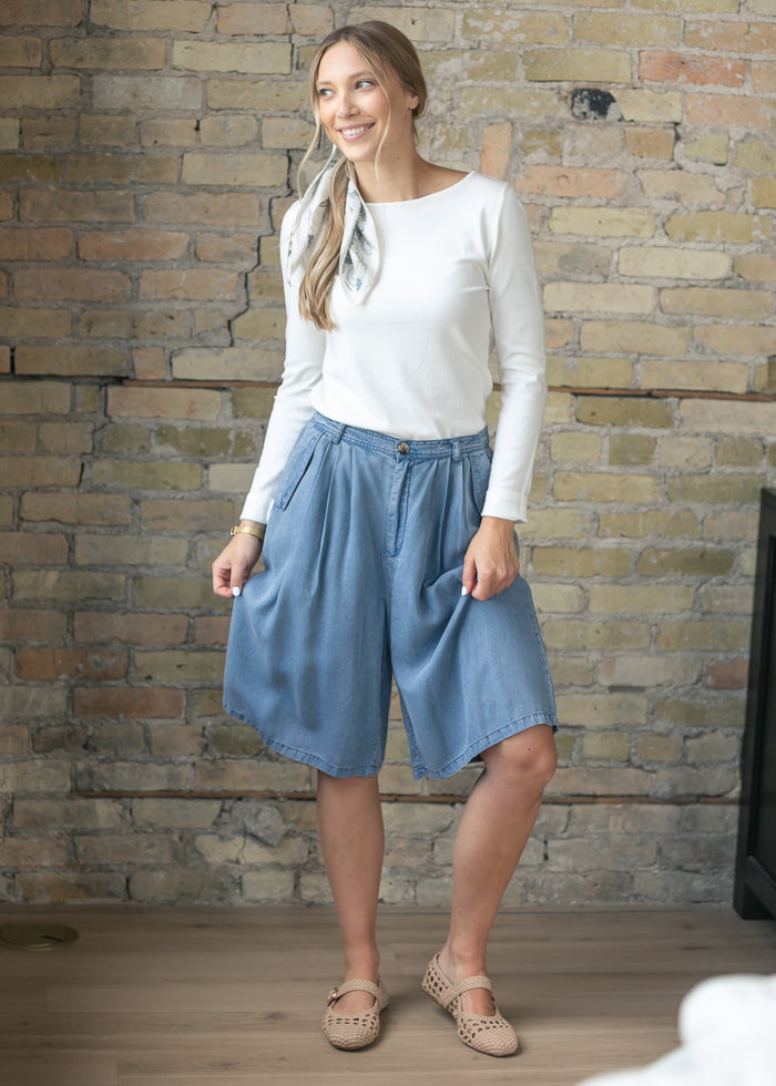 Chambray Knee-Length Wide-Leg Culottes FF Pants