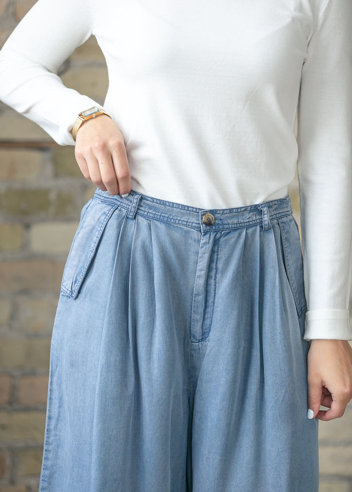 Chambray Knee-Length Wide-Leg Culottes FF Pants
