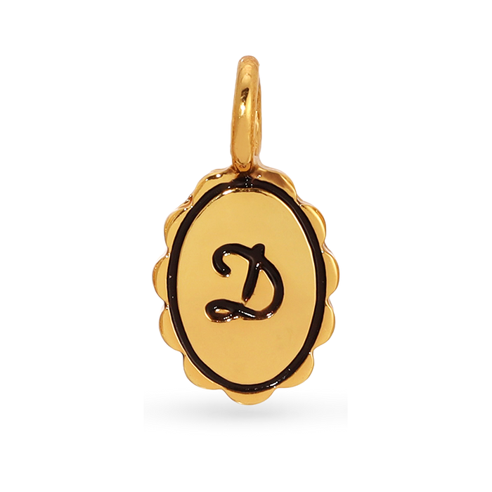 A golden charm with the letter D on it.