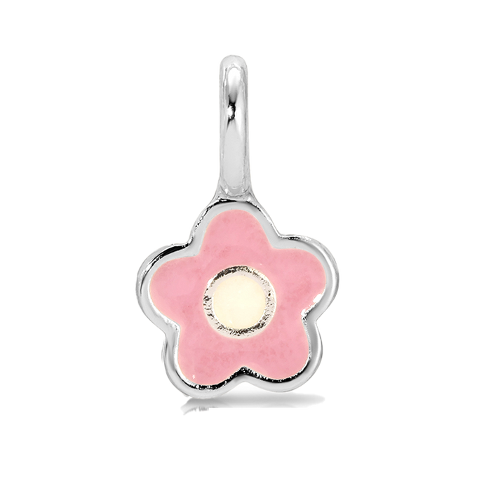A pink flower charm with a silver border.