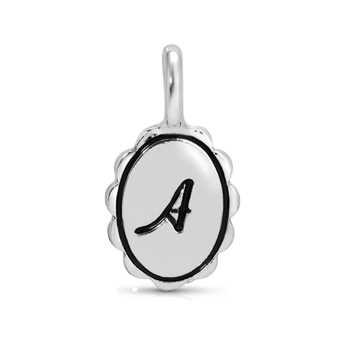 Close-up of a silver pendant with an ornate oval shape and the letter 'A' in black.