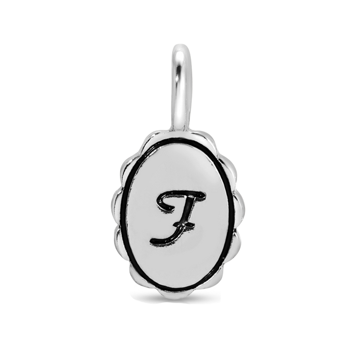 Silver charm pendant with the letter F in black script.