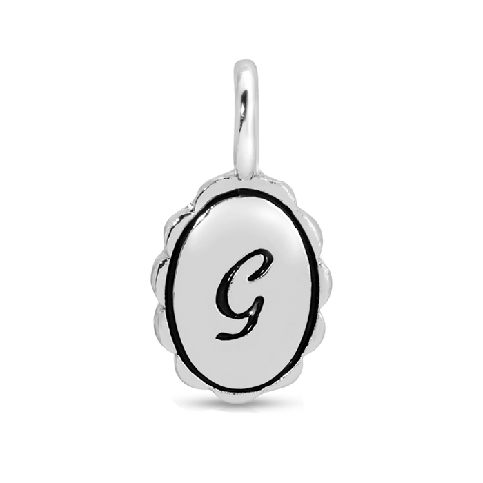 A silver charm pendant features the letter 'G' in black.