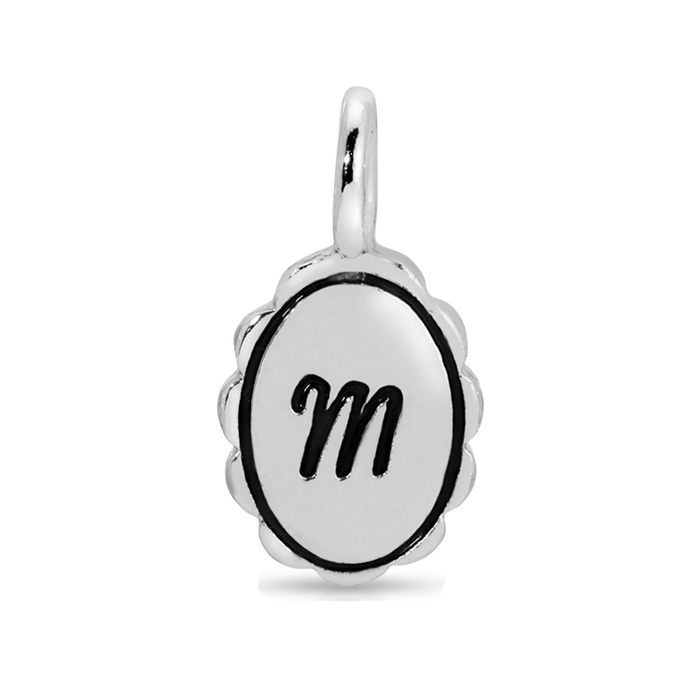 A silver charm pendant with the letter 'm' in script.