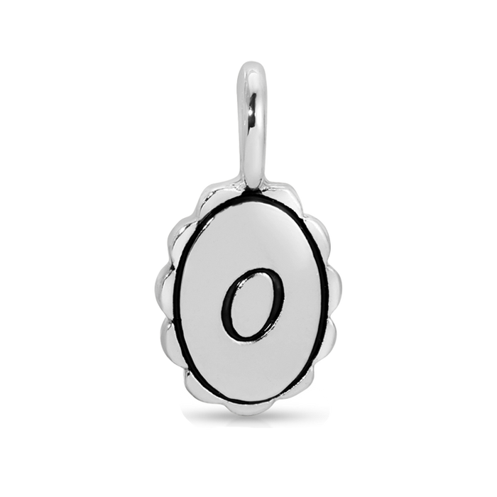 Silver pendant with a letter 'O' on its surface.