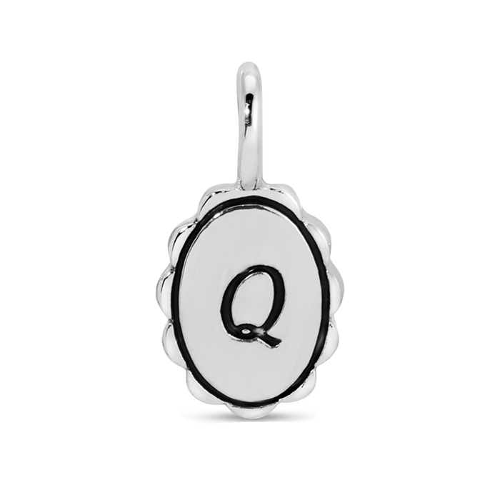 A silver charm pendant in the shape of the letter 'Q.'