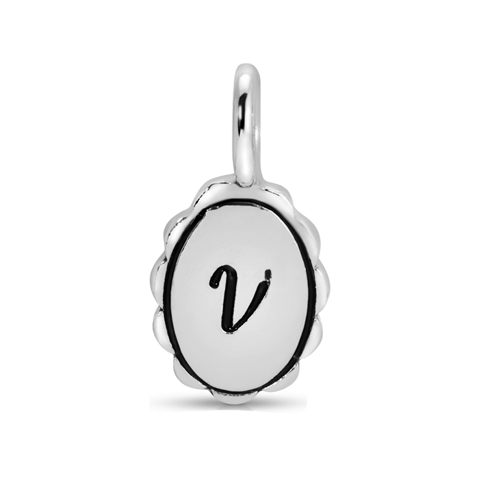 A silver charm pendant with the letter 'v'.