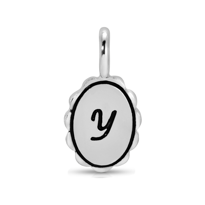 A silver charm with the letter 'y' in black.